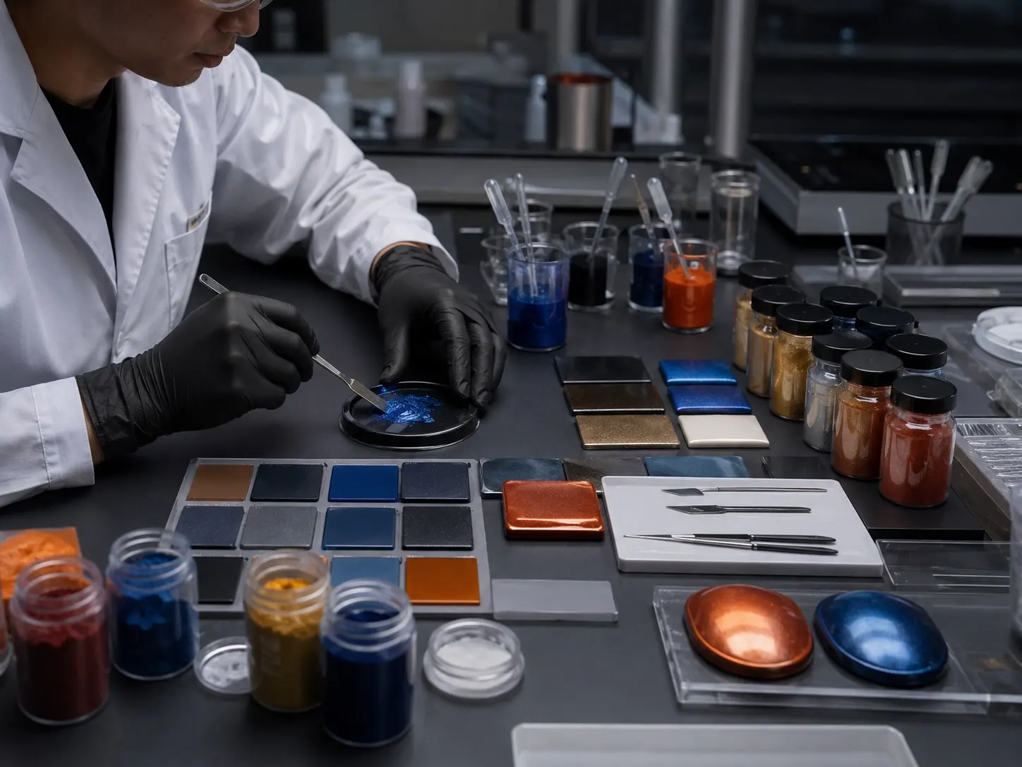 Pigment powder application testing in base materials