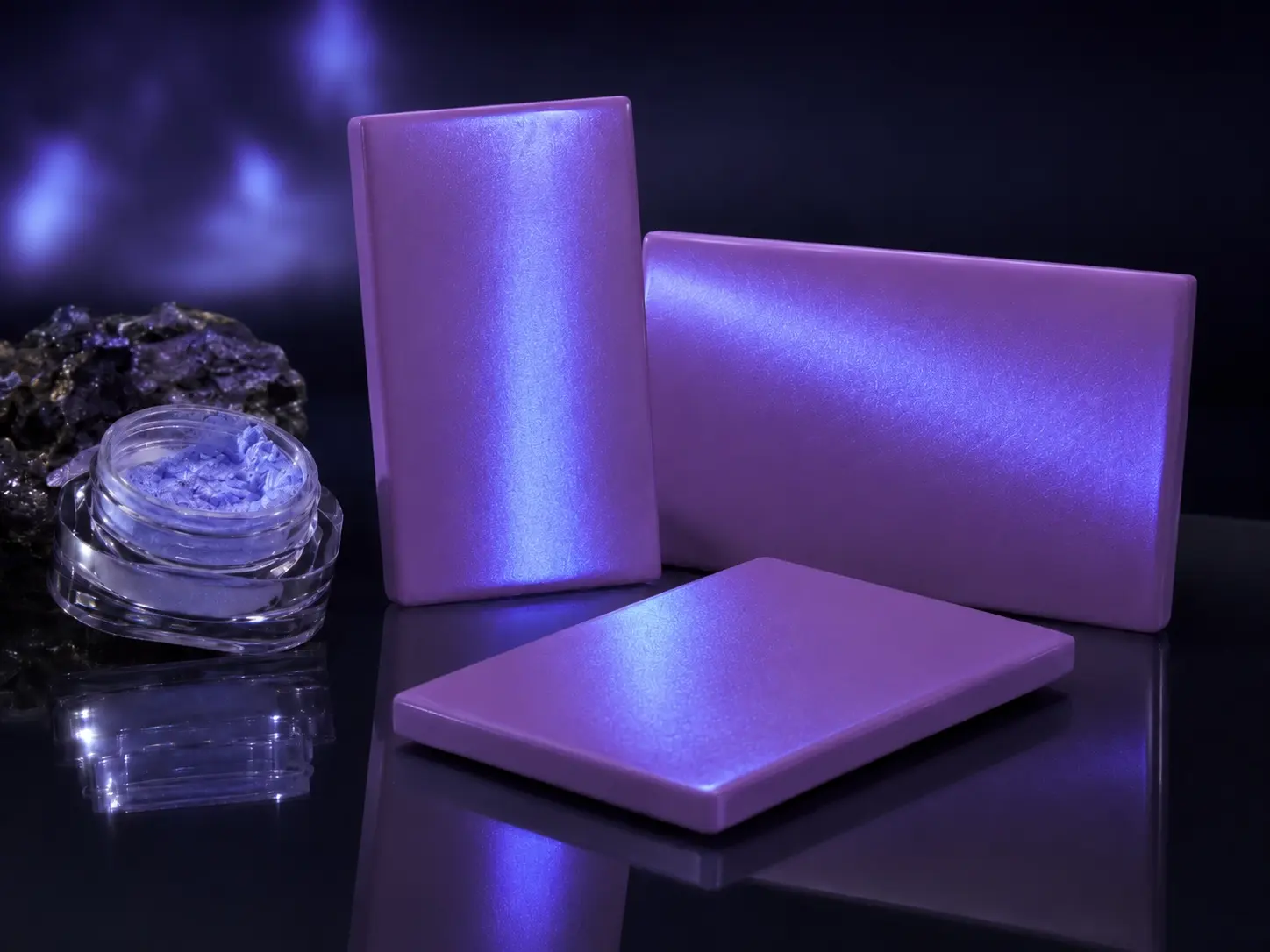 Blue violet mica pigment applied to purple colored base sample panels