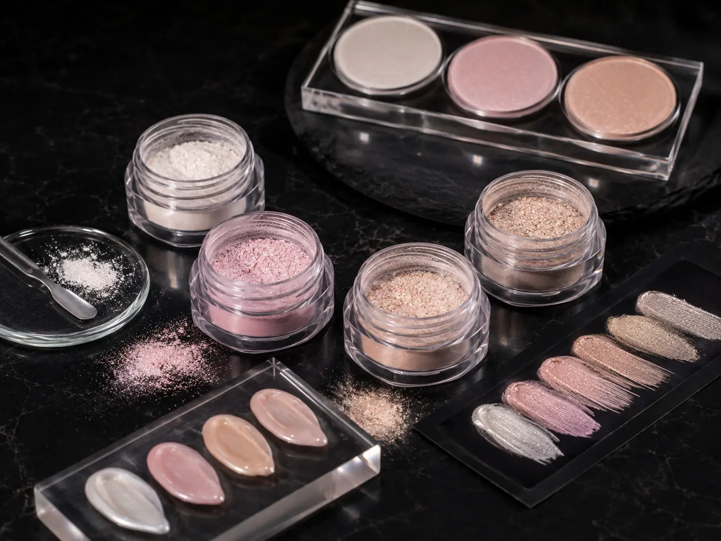 Pearlescent mica powders and cosmetic formulation swatches