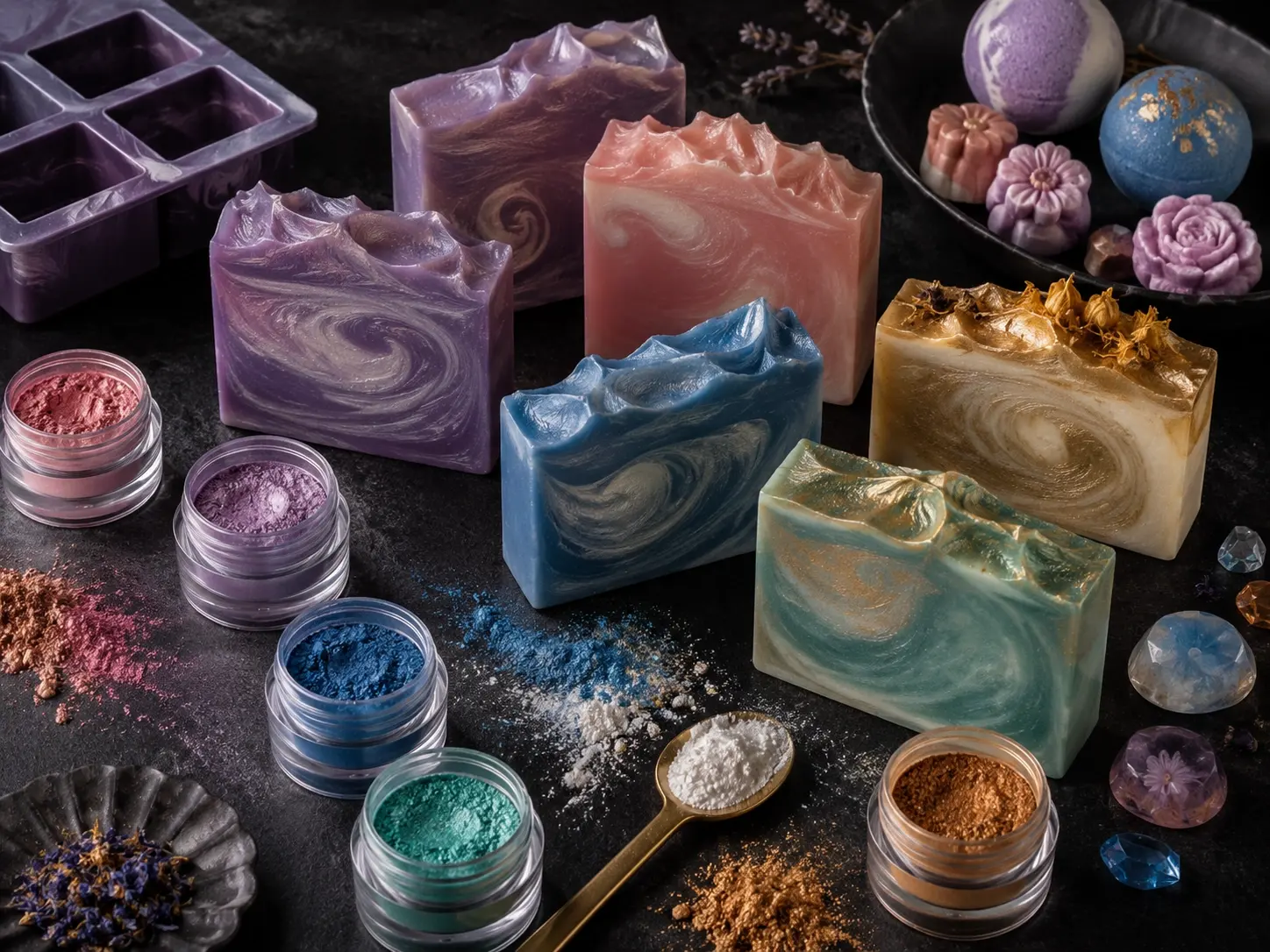 Colored handmade soaps made with pearlescent mica powder