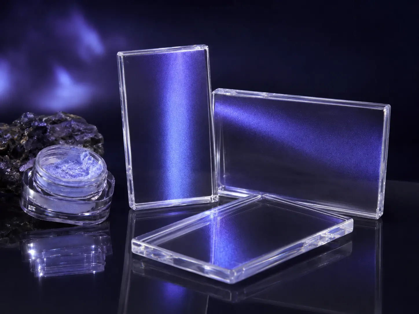 Blue violet mica pigment applied to transparent resin sample panels