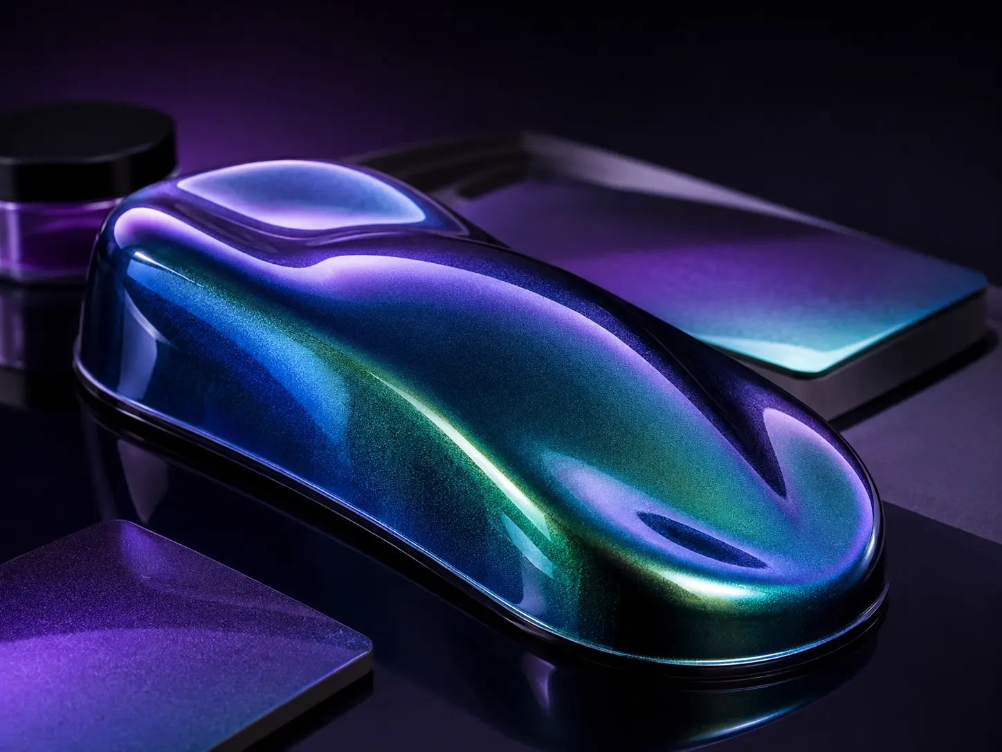 Aurora powder applied to automotive and custom coating panels with purple blue green color shift