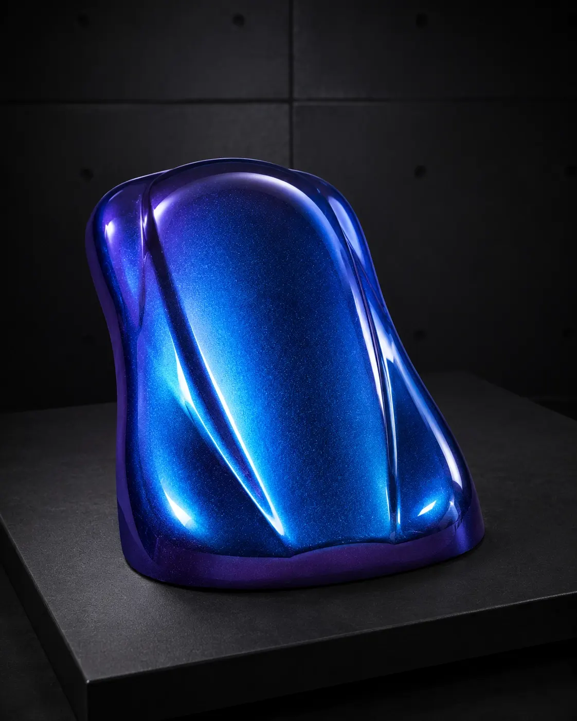 Angled view of blue chameleon pigment coating sample
