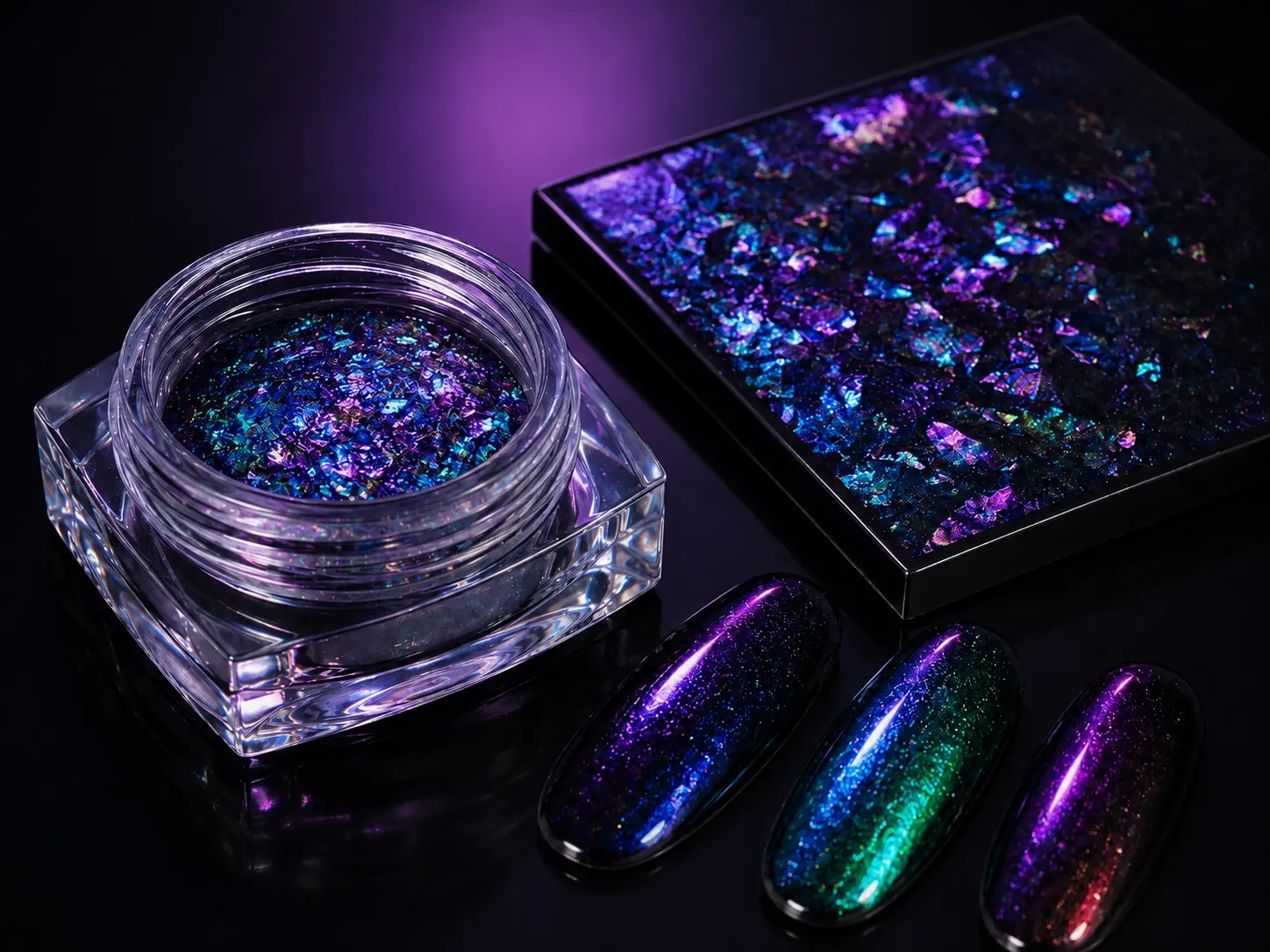 Aurora powder applied to black and dark base samples showing strong blue violet green and cyan color shifts