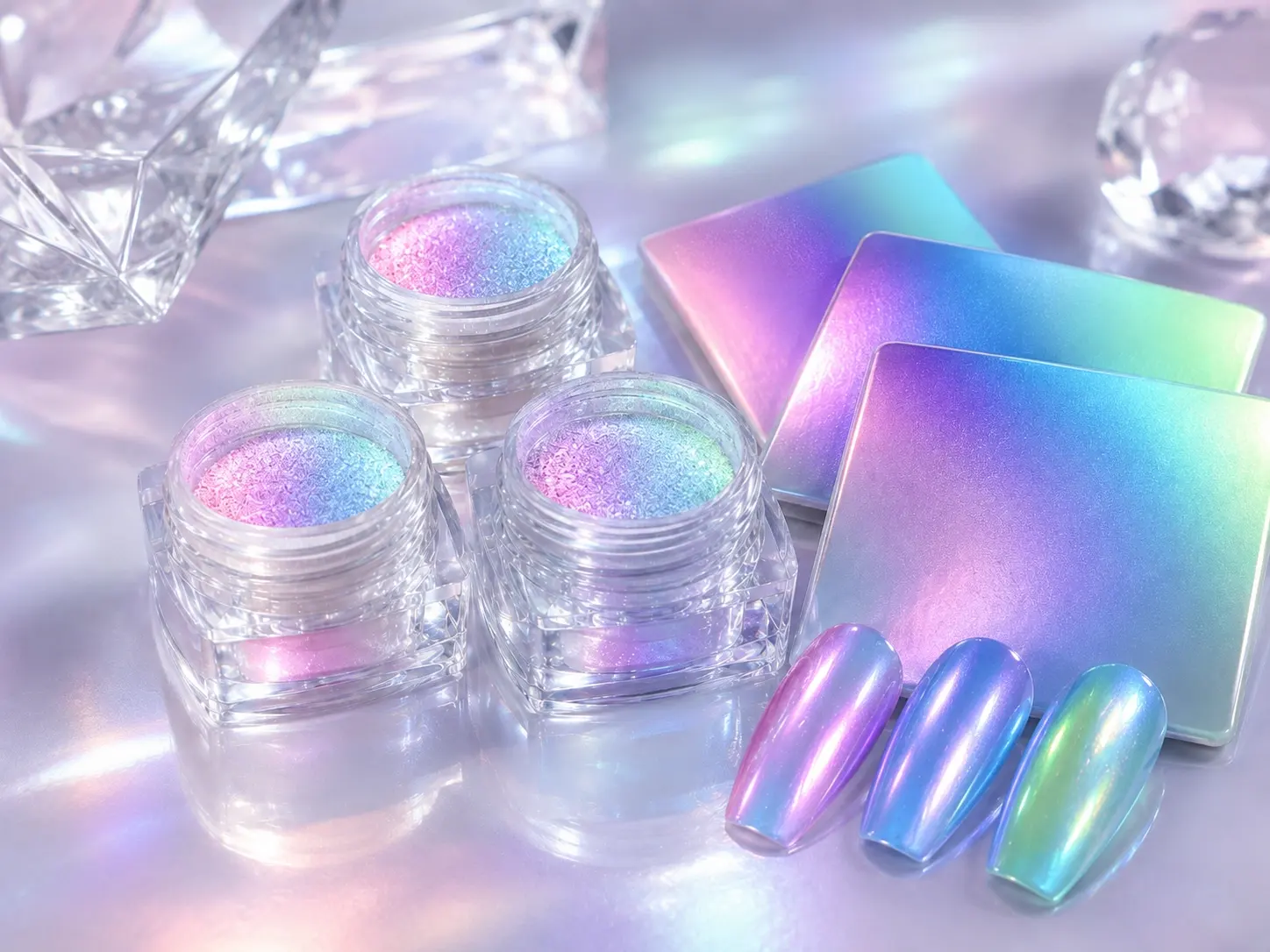 Defined Aurora powder showing a clear pink blue violet and green color transition