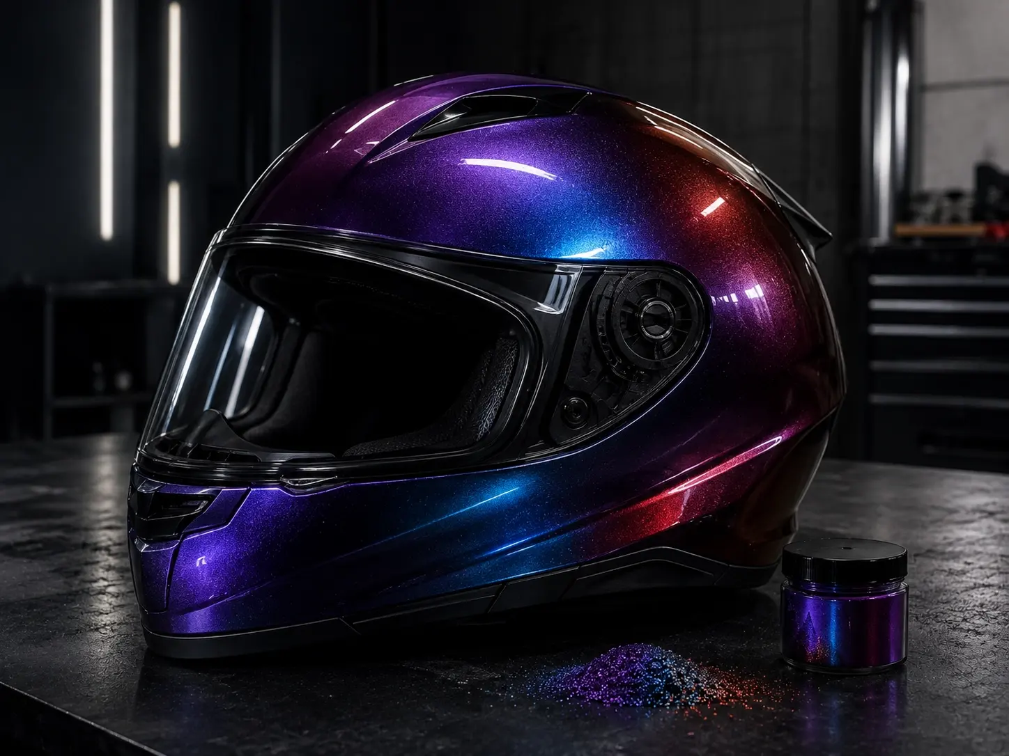 Motorcycle helmet with blue violet and red Chameleon pigment finish