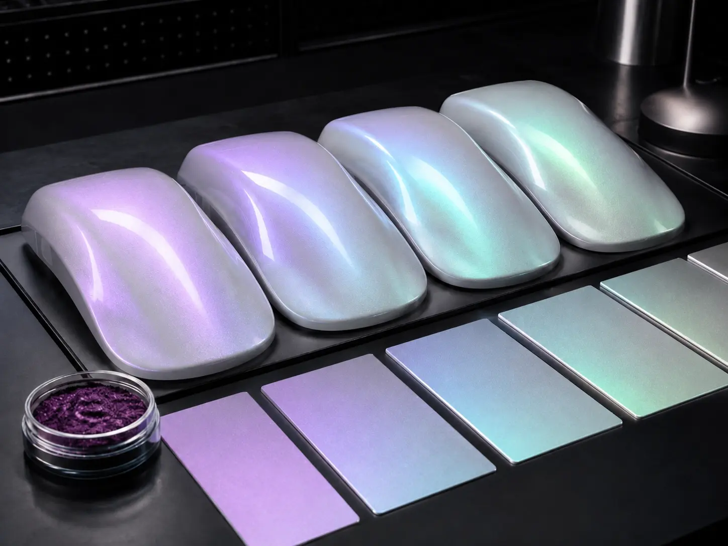 Chameleon pigment on white and light base coating samples