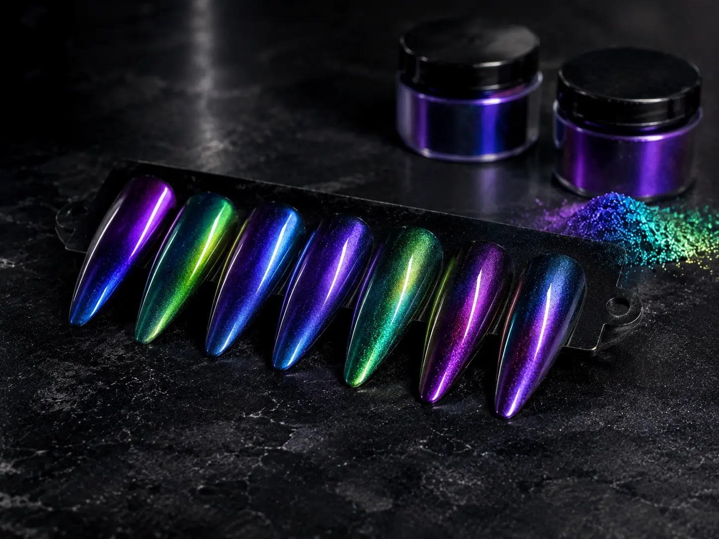 Chameleon pigment nail art samples with purple blue and green color shifts