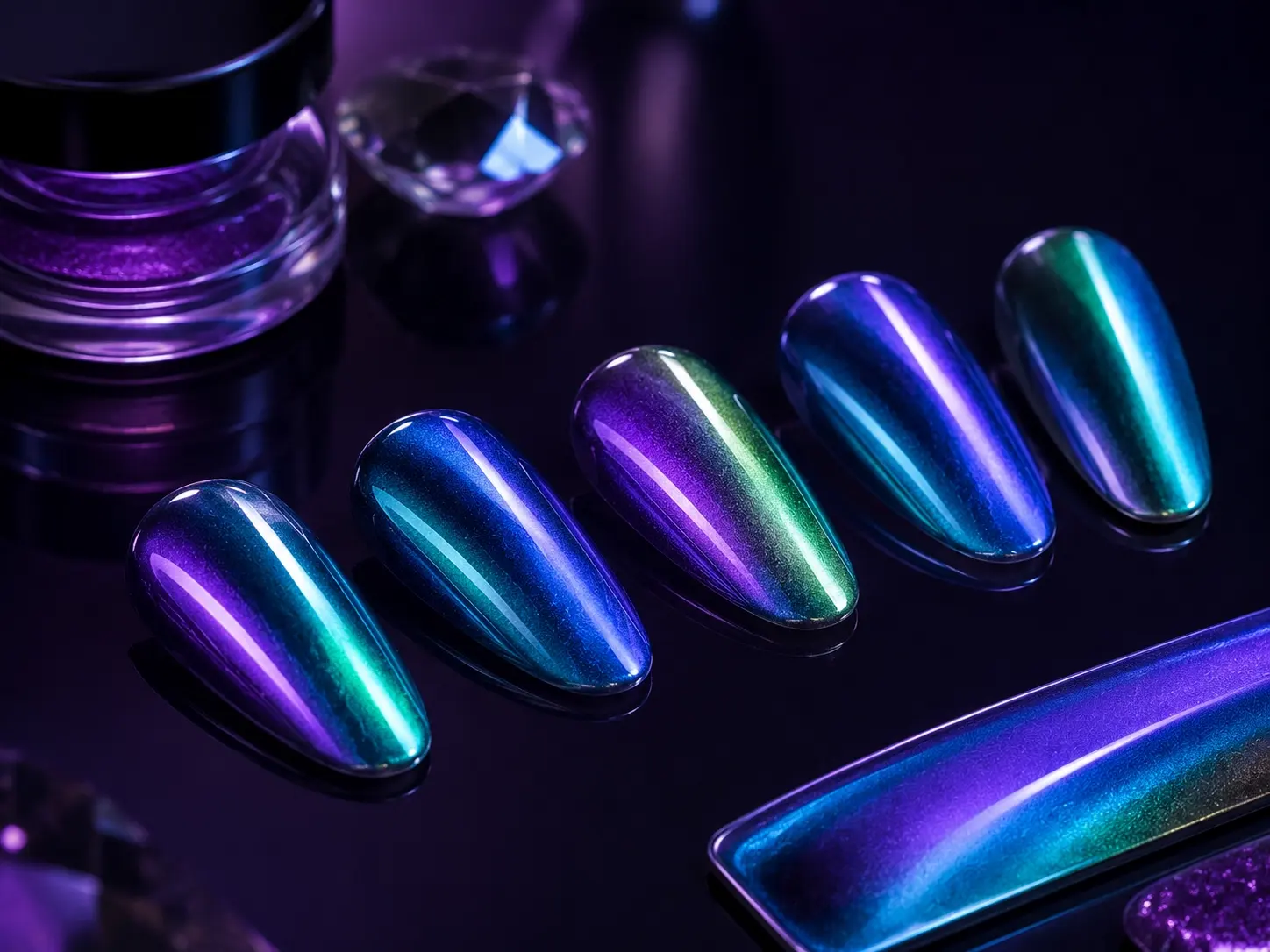 Aurora powder applied to curved nail art samples showing vivid purple blue and green shifts