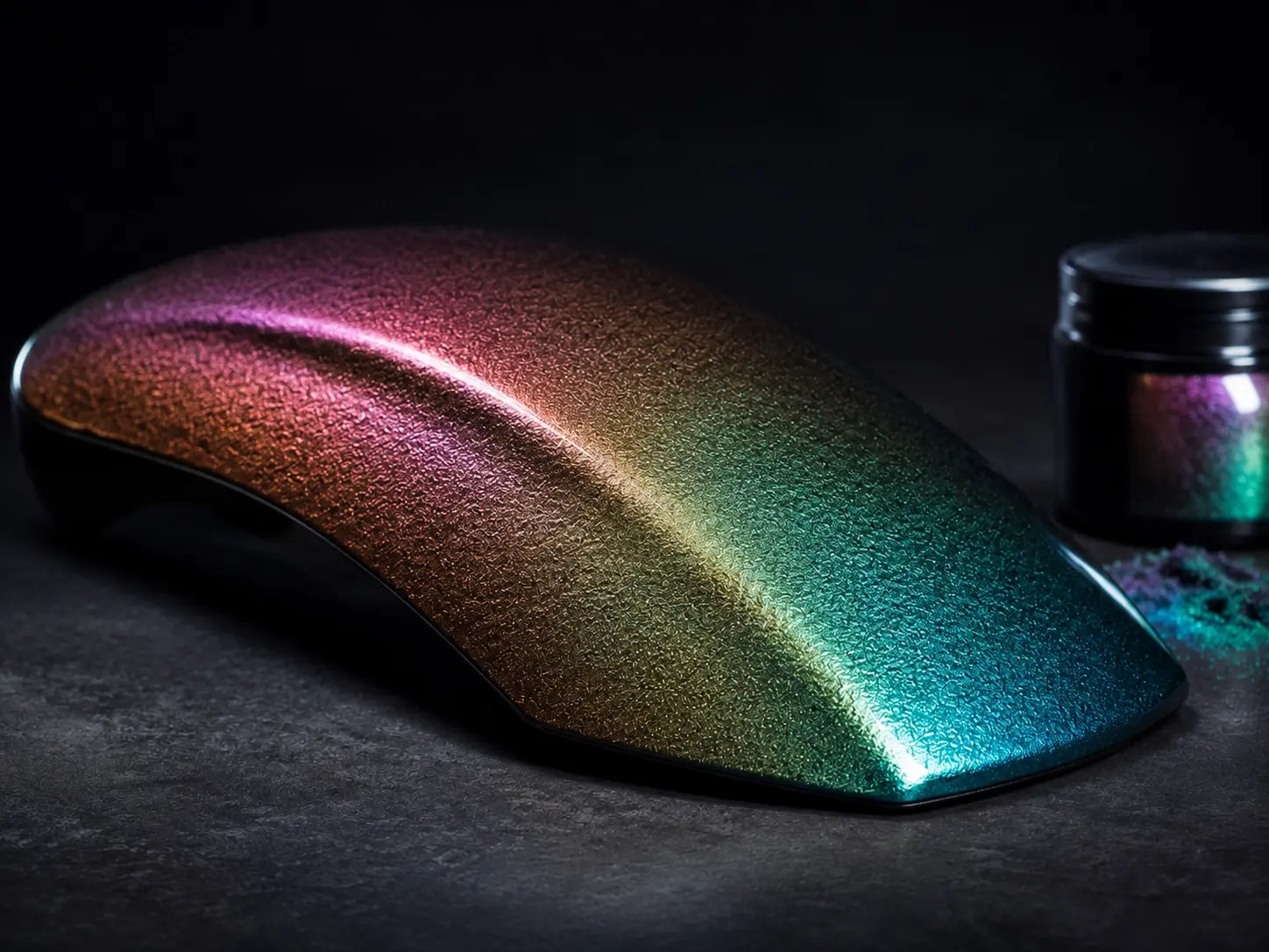 Textured Chameleon pigment surface with diffused bronze pink green and cyan reflections