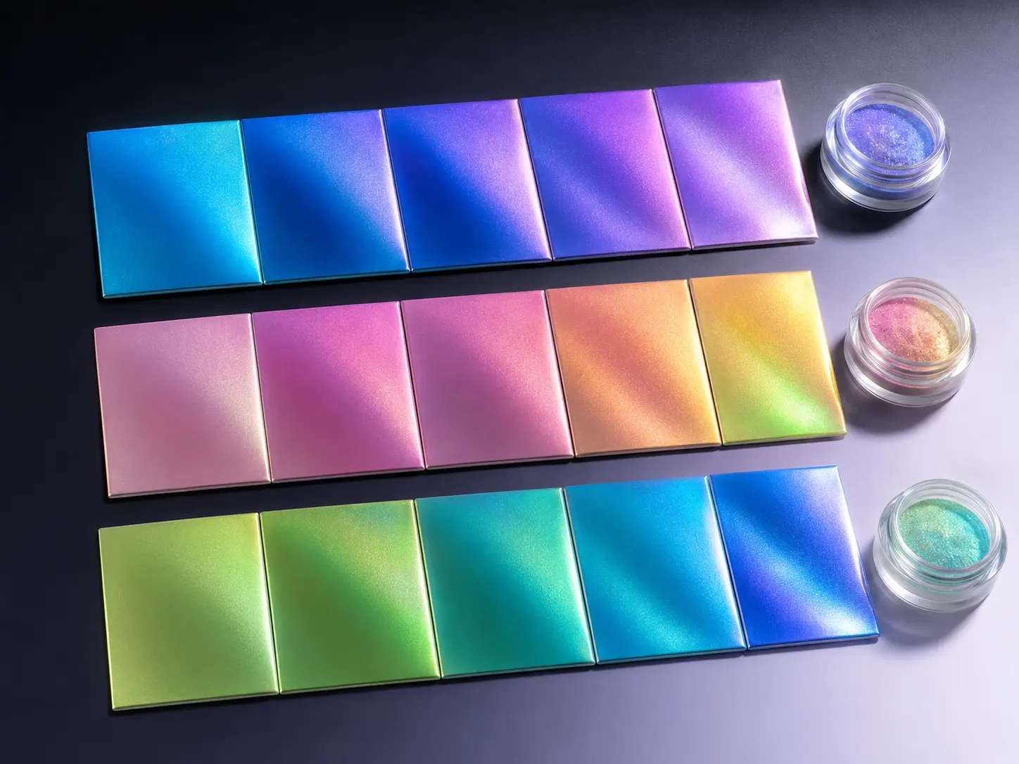 Aurora powder sample panels showing blue violet pink gold and green blue color-shift paths